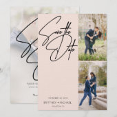 Hand geletterde drie foto collage Blush Pink Save The Date (Voorkant / Achterkant)