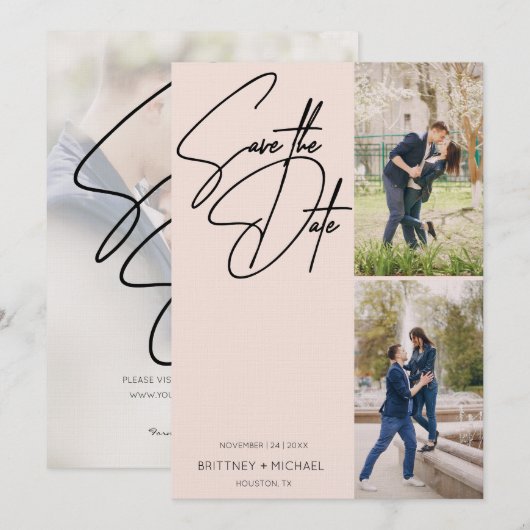 Hand geletterde drie foto collage Blush Pink Save The Date (Voorkant / Achterkant)