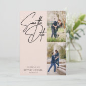 Hand geletterde drie foto collage Blush Pink Save The Date (Staand voorkant)