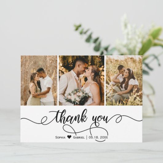 Hand geletterde script bruiloft foto collage bedankkaart (Staand voorkant)