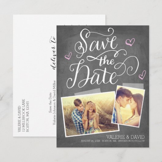 Hand geletterde Snapshot 2-Foto Sla de datum op Aankondigingskaart (Voorkant / Achterkant)