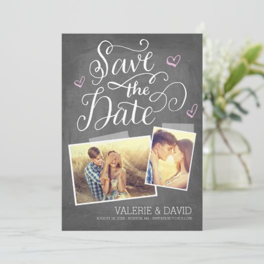 Hand geletterde Snapshot 2-Foto Sla de datum op Save The Date (Staand voorkant)