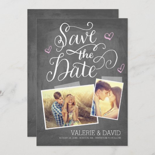Hand geletterde Snapshot 2-Foto Sla de datum op Save The Date (Voorkant / Achterkant)