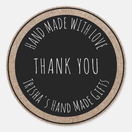 Hand gemaakt met liefde dank u kraft zwart ronde sticker (Voorkant)