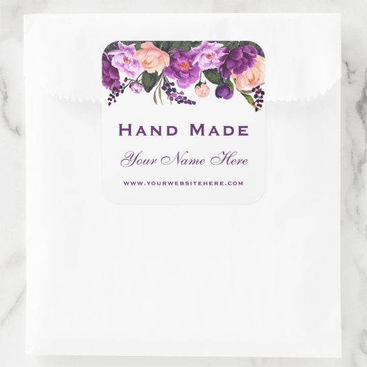 Hand gemaakt Paarse Waterverf bloemen klein Vierkante Sticker (Tas)