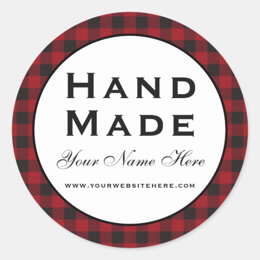 Hand gemaakt rood geruit ronde sticker (Voorkant)