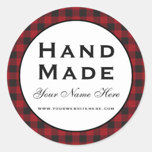 Hand gemaakt rood geruit ronde sticker