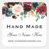 Hand gemaakt Waterverf Bourgondië blauw bloemig kl Vierkante Sticker (Voorkant)