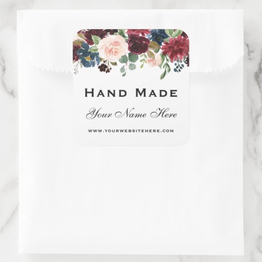 Hand gemaakt Waterverf Bourgondië blauw bloemig kl Vierkante Sticker (Tas)