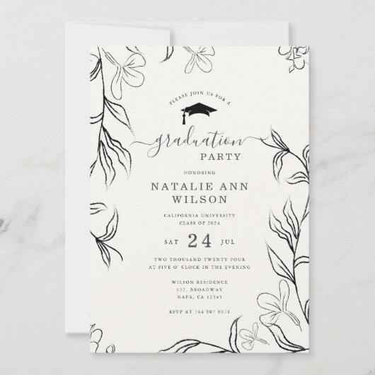 Hand geschetst delicaat bloemenbeige Afstuderen Kaart (Voorkant)