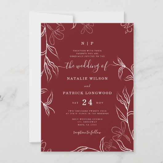 Hand geschetste delicate bloemen Bourgogne bruilof Kaart (Voorkant)