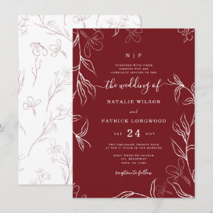 Hand geschetste delicate bloemen Bourgogne bruilof Kaart