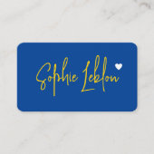 Hand geschetste gele naam op blauw met hart visitekaartje (Voorkant)