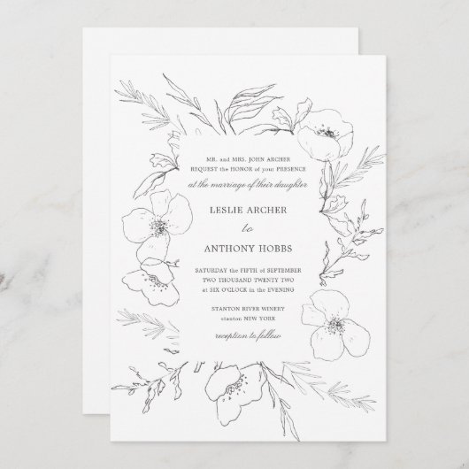 Hand geschetste pioen witte bruiloft kaart (Voorkant / Achterkant)