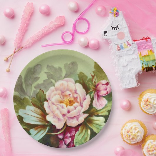 Hand geschilderd Antiek stijl pioen verjaardagsfee Papieren Bordje (Feest)