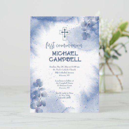 Hand geschilderd blauw eucalyptus uitnodiging (Staand voorkant)