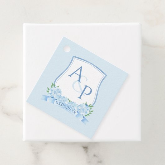 Hand geschilderd Blauwe Hortensia Monogram Crest W Bedankjes Labels (In situ)
