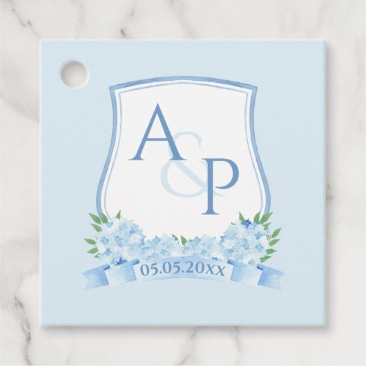Hand geschilderd Blauwe Hortensia Monogram Crest W Bedankjes Labels (Voorkant)