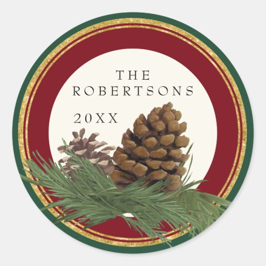 Hand geschilderd dennenappel naam gouden glitter a ronde sticker (Voorkant)