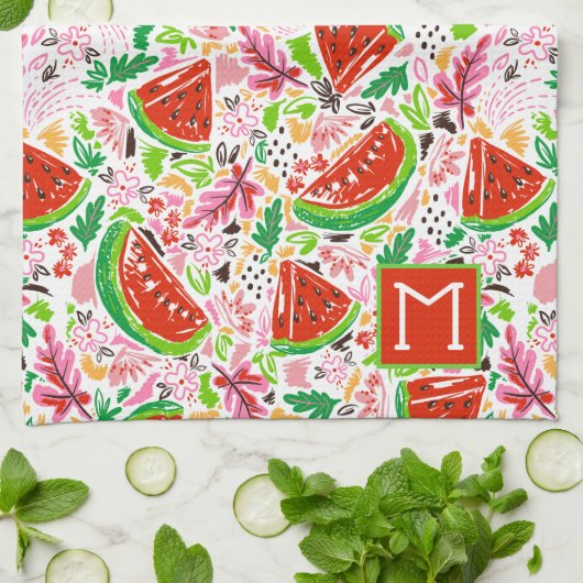 Hand geschilderd fruit patroon monogram theedoek (Gevouwen)