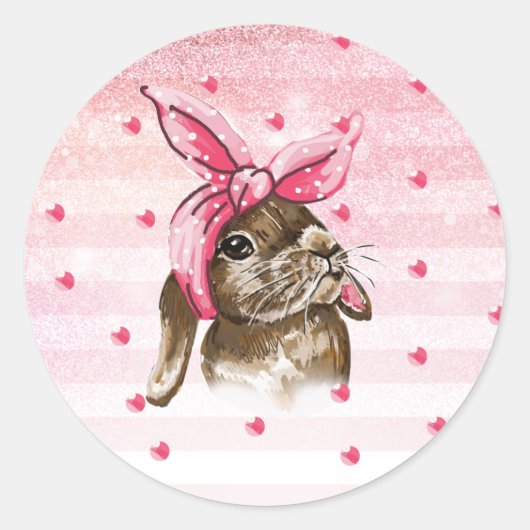 Hand geschilderd konijntje roze ronde sticker (Voorkant)