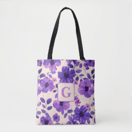 Hand geschilderd paarse bloemen gepersonaliseerd m tote bag