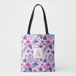 Hand geschilderd paarse bloemen gepersonaliseerd m tote bag