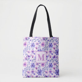 Hand geschilderd paarse bloemen gepersonaliseerd m tote bag