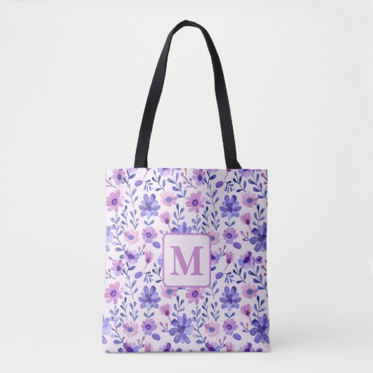 Hand geschilderd paarse bloemen gepersonaliseerd m tote bag (Voorkant)