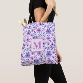 Hand geschilderd paarse bloemen gepersonaliseerd m tote bag (Dichtbij)