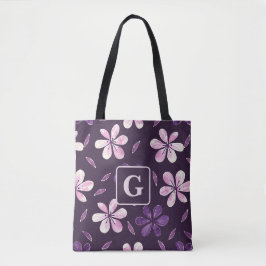 Hand geschilderd paarse bloemen gepersonaliseerd m tote bag