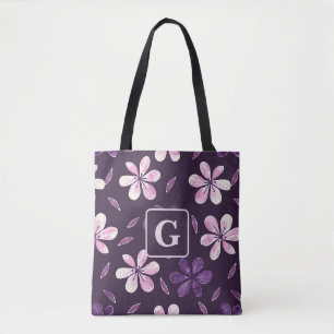 Hand geschilderd paarse bloemen gepersonaliseerd m tote bag
