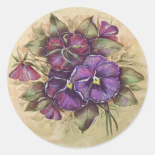 Hand geschilderd Paarse Pansies Ronde Sticker
