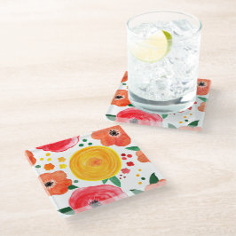 Hand geschilderd roze en geel Waterverf Bloemen Glazen Onderzetter