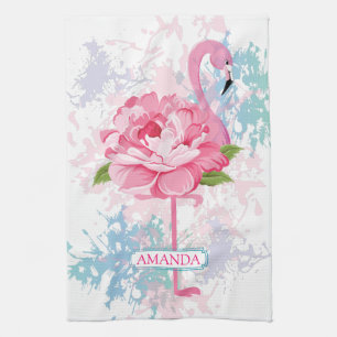 Hand geschilderd roze flamingo theedoek