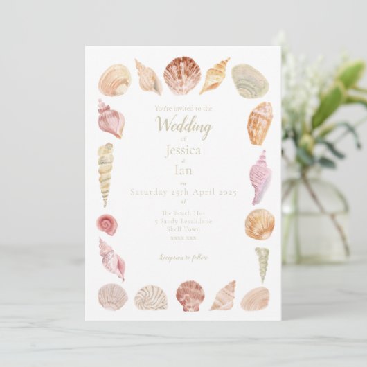 Hand geschilderd Zee Shell bruiloft uitnodiging (Staand voorkant)