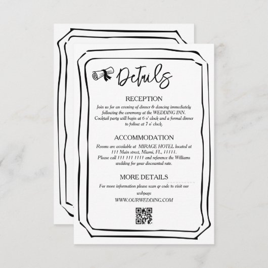 Hand geschilderd zwart en wit bruiloft info informatiekaartje (Voorkant / Achterkant)