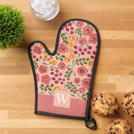 Hand-geschilderde Bloem Blush Roze Naam Monogram Ovenwant (Top down)
