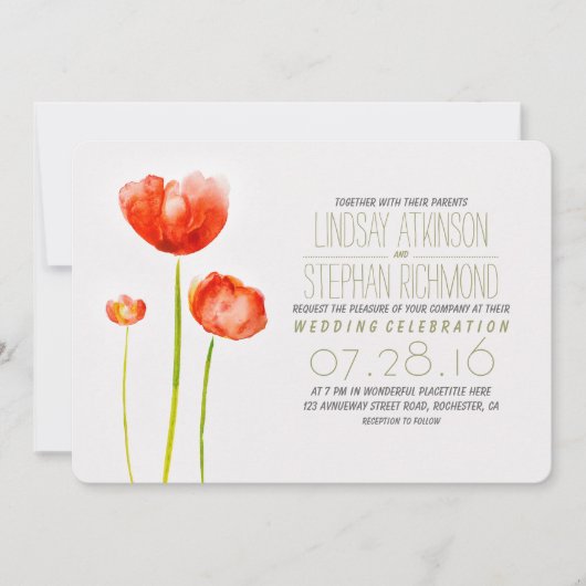 Hand geschilderde bloemen moderne bruiloft uitnodi kaart (Voorkant)