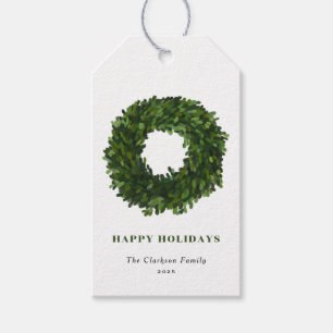 Hand geschilderde Boxwood krans Happy Holiday Cadeaulabel