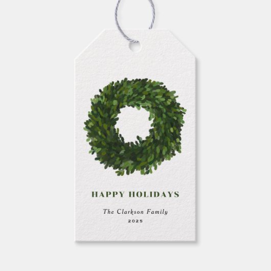 Hand geschilderde Boxwood krans Happy Holiday Cadeaulabel (Voorkant)