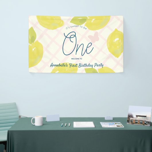 Hand geschilderde citroen en roze check eerste ver spandoek (Beurs)