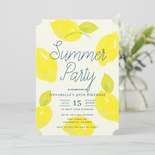 Hand geschilderde citroen roze zomer verjaardag kaart (Staand voorkant)