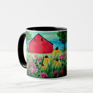 Hand geschilderde lente bloemen land schuur ontwer mok