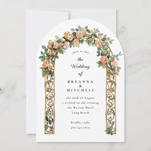 Hand geschilderde nouveau roos boog bruiloft kaart (Voorkant)