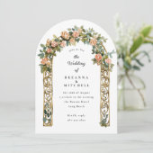 Hand geschilderde nouveau roos boog bruiloft kaart (Staand voorkant)