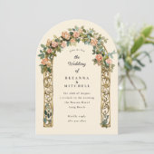 Hand geschilderde nouveau roos boog bruiloft kaart (Staand voorkant)