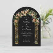 Hand geschilderde nouveau roos boog zwart bruiloft kaart (Staand voorkant)