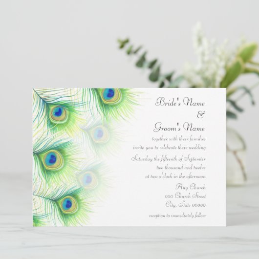 Hand geschilderde Peacock Feathers bruiloft uitnod Kaart (Staand voorkant)