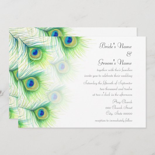Hand geschilderde Peacock Feathers bruiloft uitnod Kaart (Voorkant / Achterkant)
